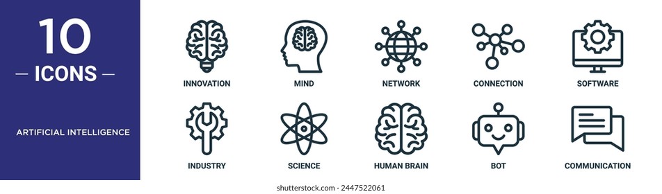 artificial intelligence outline icon set includes thin line innovation, mind, network, connection, software, industry, science icons for report, presentation, diagram, web design