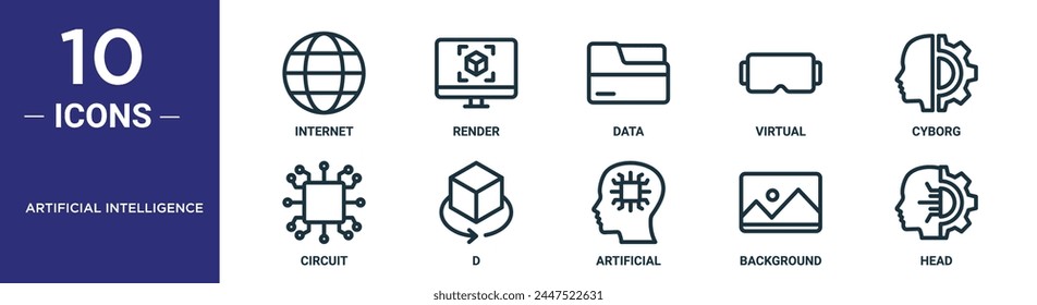 el conjunto de iconos de esquema de inteligencia artificial incluye internet de línea delgada, render, datos, virtual, cyborg, circuito, d iconos para informe, presentación, diagrama, Diseño web