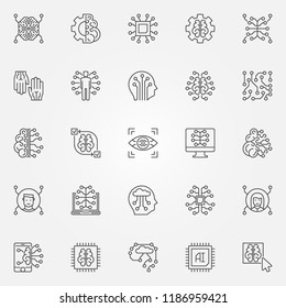 Artificial Intelligence outline icons set. AI technology, cyberbrain, eye, and brain concept symbols or design elements in thin line style