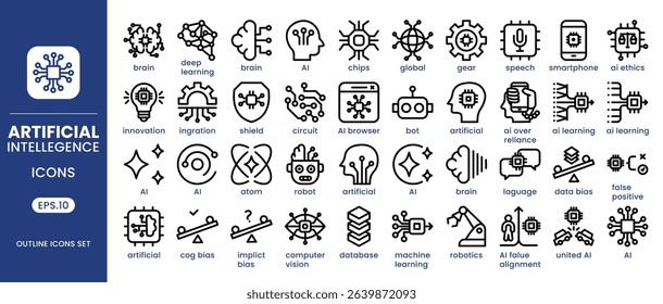 Artificial Intelligence outline icons set. AI icons includes machine learning, AI Assistant, Virtual Intelligence, Automation Technology, AI technology, future, robots.