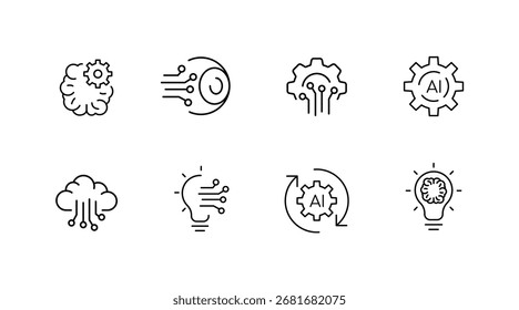 Artificial intelligence outline icons set – tech, linear, digital innovation symbols