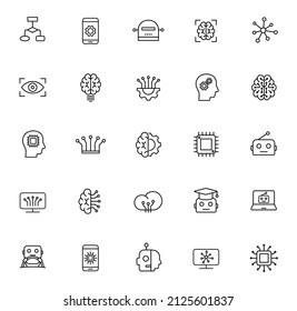 artificial intelligence outline vector icons isolated on white background. artificial intelligence icon set for web and ui design, mobile apps, print polygraphy and promo advertising business.