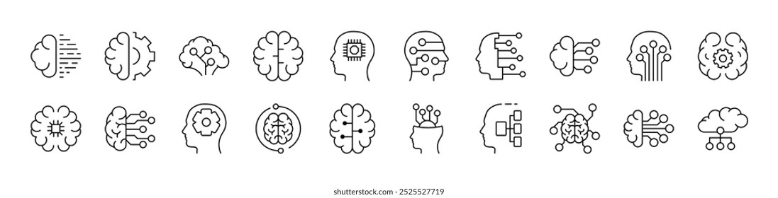 Coleção de Ícones de Linha da Web de Estrutura de Tópicos de Inteligência Artificial. Traço editável. Pictograma Linear Minimalista para Design de Cartões, Aplicativos, Banners, Posts