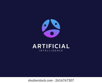 Artificial intelligence with overlapping curved triangle shape in circle technology Analysis logo vector design concept. AI technology logotype symbol for advance technology, tech company, ui, robot.