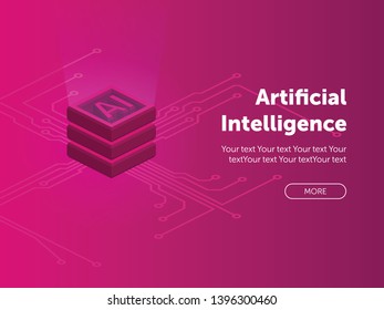 Artificial Intelligence (AI), glowing processor for landing page. Isometric vector server. Template for website or application