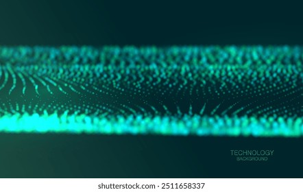 Inteligência Artificial partícula ondas borradas futuro conectar inovação vetor design. Fundo de fluxo de Internet de Big Data. Tecnologia futurista ai verde partículas pontas faixa.	