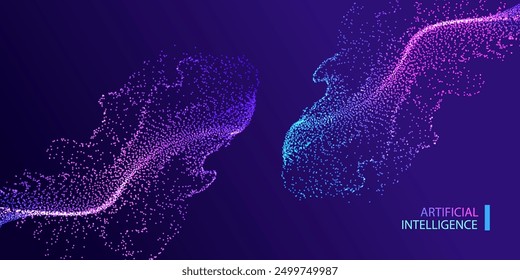 Artificial Intelligence particle waves future connect innovation vector design. Big data splash background. Technology ai round particles dots banner.	