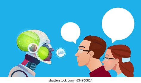 Artificial Intelligence People Communication With Modern Robot Brain Technology Flat Vector Illustration