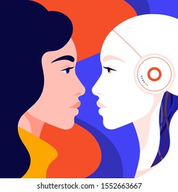 Artificial Intelligence And People. The Head Of The Robot In Profile And Face Of The Woman. Future Technologies. Conflict Or Cooperation. Vector Flat Illustration