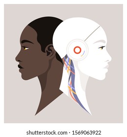 Artificial Intelligence And People. The Head Of The Robot In Profile And Face Of The African Woman. Future Technologies. Conflict Or Cooperation. Vector Flat Illustration