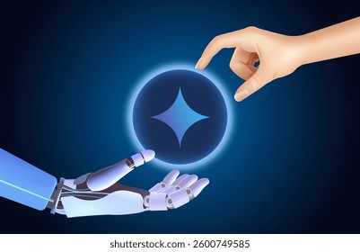 Artificial intelligence and people, interaction of the future, technical progress, robotic hand. New network