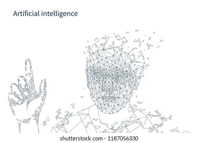 Artificial intelligence person with hand poster with text and shape of human vector. Computer innovative mind, software and virtual clever cyborg