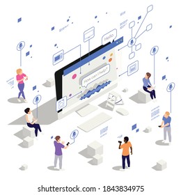 Artificial intelligence personal assistant software pc application using voice isometric composition neural network symbols background vector illustration 
