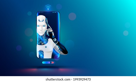Artificial intelligence in phone. Mobile online chat bot in smartphone. Cyborg or robot with AI look out of screen phone. Chatbot, internet helper, virtual support of web services. Technology concept.