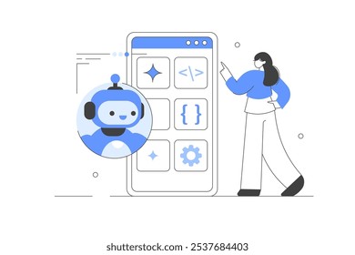 Inteligência artificial. Tela do telefone, usando o bate-papo de AI para programação. Conceito de tecnologia de rede neural. Ilustração de vetor, ícone. Elegante, linha minimalista, abstrato