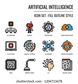 Artificial Intelligence, pixel perfect fill outline icon, isolated on white background