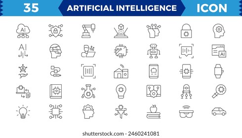Artificial intelligence Pixel Perfect set of web icons in line style. AI technology icons for web and mobile app. Machine learning, digital AI technology, smart robotic, cloud computing network.
