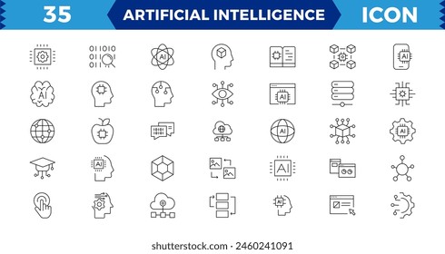 Artificial intelligence Pixel Perfect set of web icons in line style. AI technology icons for web and mobile app. Machine learning, digital AI technology, smart robotic, cloud computing network.
