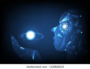 Artificial intelligence, polygon hand holding energy of planet with grid and circuit network concept abstract background, vector digital technology futuristic illustration