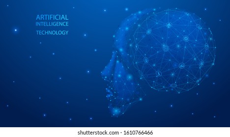 Artificial intelligence. A polygonal humanoid face with a neural network in its head. Technological processes and functionality of cyborg. Processing and analysis of information data.
