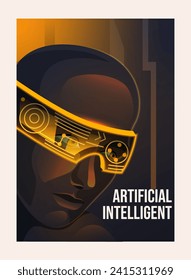 Artificial Intelligence poster. Futuristic cover with character using holographic glasses with AI. Modern technologies and neural network. Cartoon flat vector illustration isolated on white background