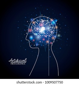 artificial intelligence poster with half body human silhouette with brain in transparency over dark blue background with sparkles