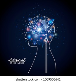 artificial intelligence poster with half body human silhouette with hybrid brain in transparency over dark blue background with sparkles