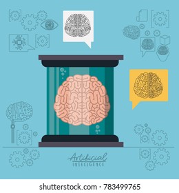 artificial intelligence poster with human brain in transparent container in light blue background