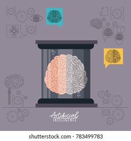 artificial intelligence poster with human brain in transparent container in thistle background