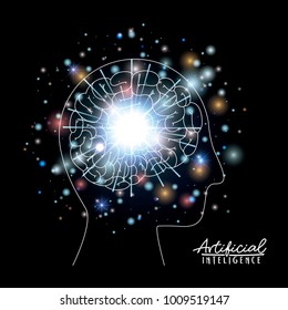 artificial intelligence poster human head silhouette side view with brain in transparency over black background with sparkles