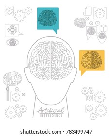 artificial intelligence poster with human head silhouette front view with electronic circuit in shape of brain over white background