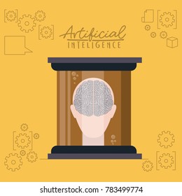 artificial intelligence poster with human head silhouette with brain in front view in transparent container in yellow background