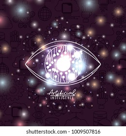 artificial intelligence poster with human hybrid eye silhouette in transparency over purple background with colorful sparkles