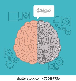 artificial intelligence poster with human hybrid brain top view over light blue background