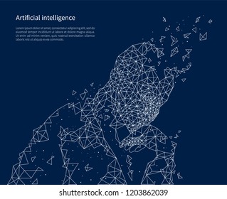 Artificial intelligence poster illuminated vector. People made of geometric shapes, intellect of futuristic programmes and robots. Thinking systems