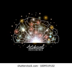 artificial intelligence poster with silhouette of brain side view in transparency over black background with sparkles