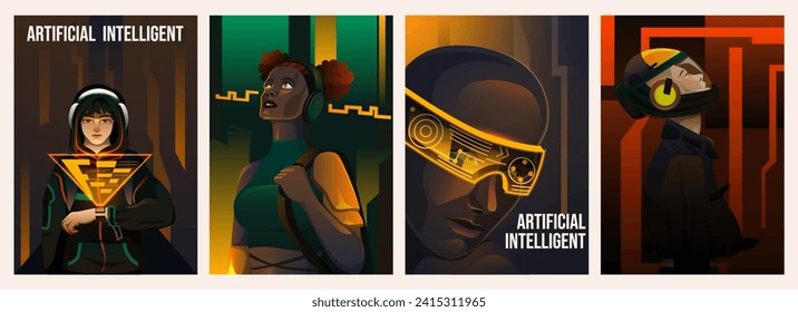 Afiches de Inteligencia Artificial. Fundas futuristas con ciborgs y personajes con tecnología moderna. Redes neuronales y mundo digital. Ilustraciones del vector plano de dibujos animados aisladas en segundo plano