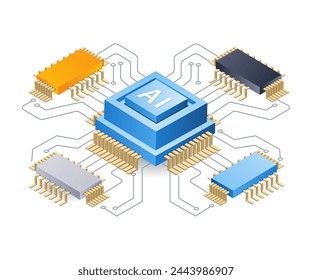 Artificial intelligence powered chip technology, flat isometric 3d illustration