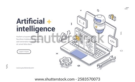 Artificial intelligence powered code generation. Surrounding elements enhance the digital theme, innovation in programming. Line art isometric web banner, landing page template