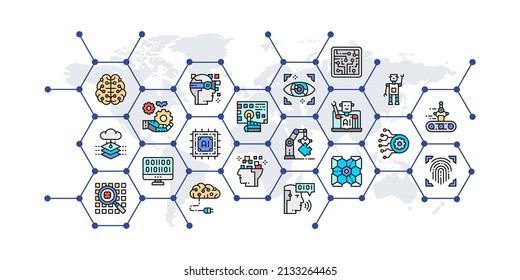 Artificial Intelligence presentation banner with colored icons. Robotics, Chatbot, Database, Big Data infographics for web business concept.
