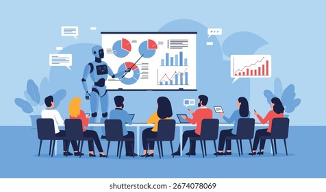 Artificial intelligence presenting financial data and business strategy to a team in a conference room setting with charts and graphs on screen