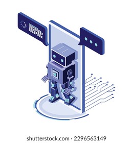 Artificial intelligence processing data on smartphone screen. AI in the form of bot coming out of the screen phone and offers to use digital mind. Isometric vector