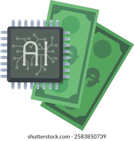 Artificial intelligence processor above two green dollar bills in flat design style (cut out)