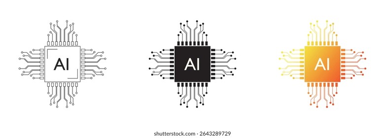 Artificial intelligence processor chip icon. Vector set of artificial intelligence processor circuit diagram isolated on white background. Vector illustration