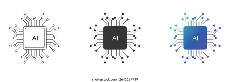 Artificial intelligence processor chip icon. Vector set of artificial intelligence processor circuit diagram isolated on white background. Vector illustration