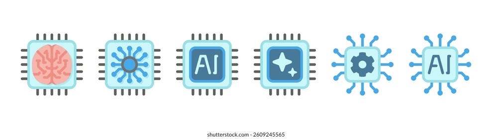Artificial Intelligence Processor Chip Icons Set