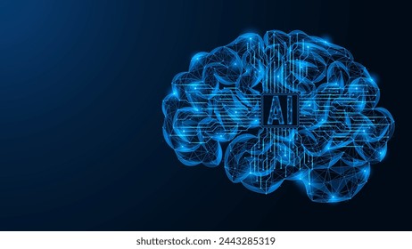 An artificial intelligence processor in the human brain. Polygonal design of interconnected lines and dots. Blue background.