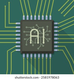 Artificial Intelligence Processor placed in the middle of an electronic circuit with long shadow (flat design)