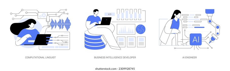 Artificial Intelligence professions abstract concept vector illustration set. Computational linguist, natural language processing, business intelligence developer, AI engineer abstract metaphor.