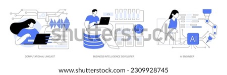 Artificial Intelligence professions abstract concept vector illustration set. Computational linguist, natural language processing, business intelligence developer, AI engineer abstract metaphor.